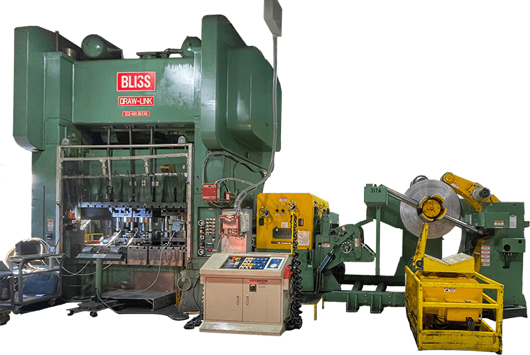Progressive die stamping machine diagram with numbered stages